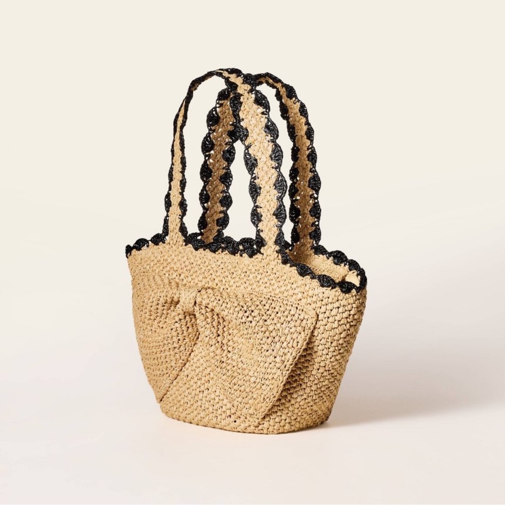 NWT ♠️ Kate Spade Raffia Bow Tote Bag Natural Woven Straw Purce Black Contrast